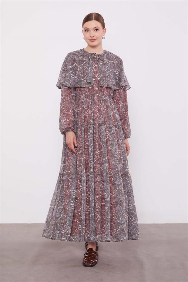 Oranj Etnik Desenli Şifon Elbise