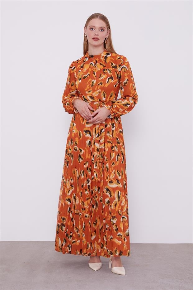 Oranj Fırfır Kol Detaylı Elbise