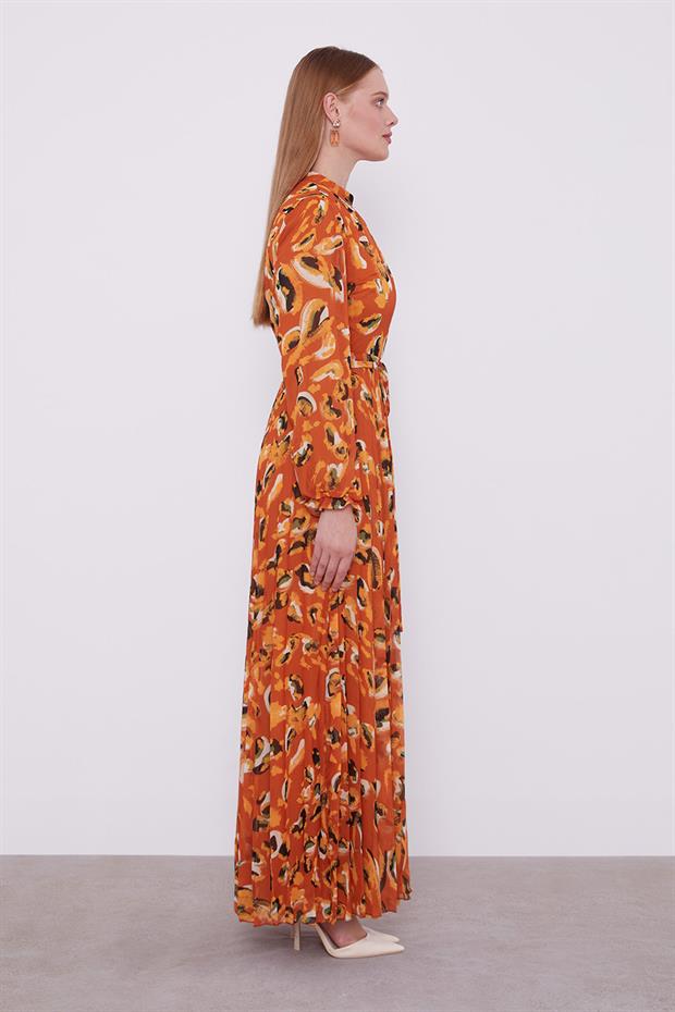 Oranj Fırfır Kol Detaylı Elbise