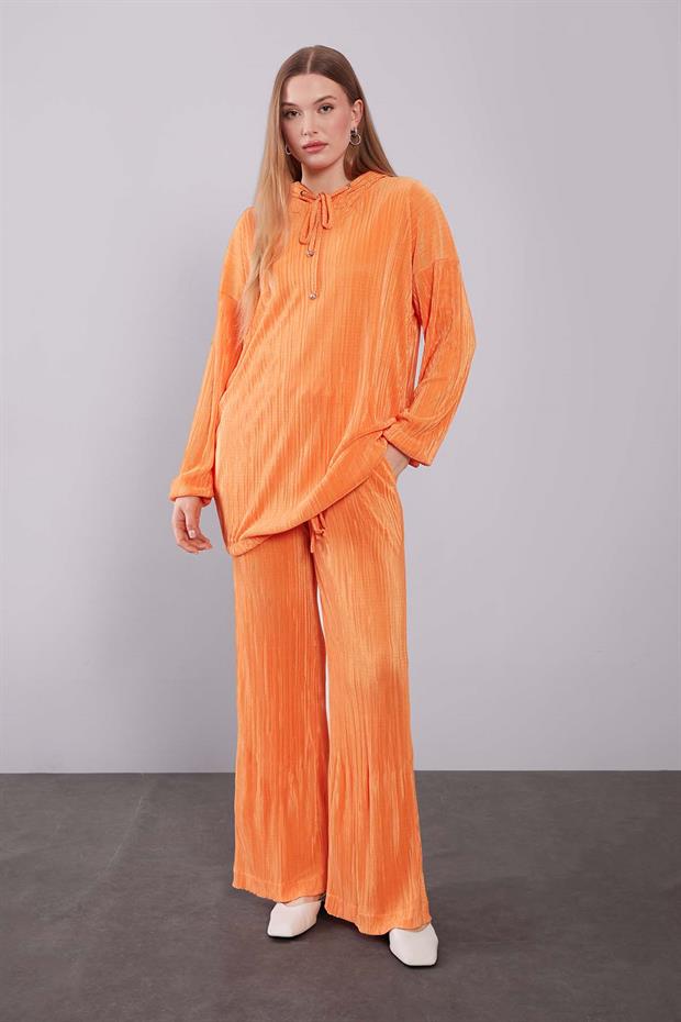 Oranj Kapüşonlu Bağcık Detaylı İkili Takım