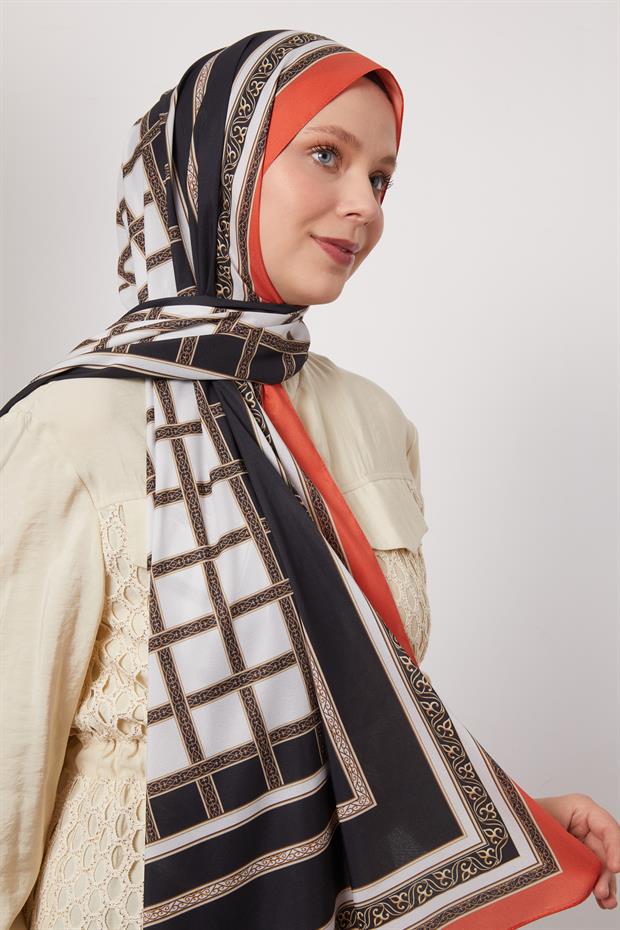 Oranj Şeritli Varak Desen Love Şal