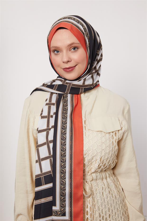 Oranj Şeritli Varak Desen Love Şal