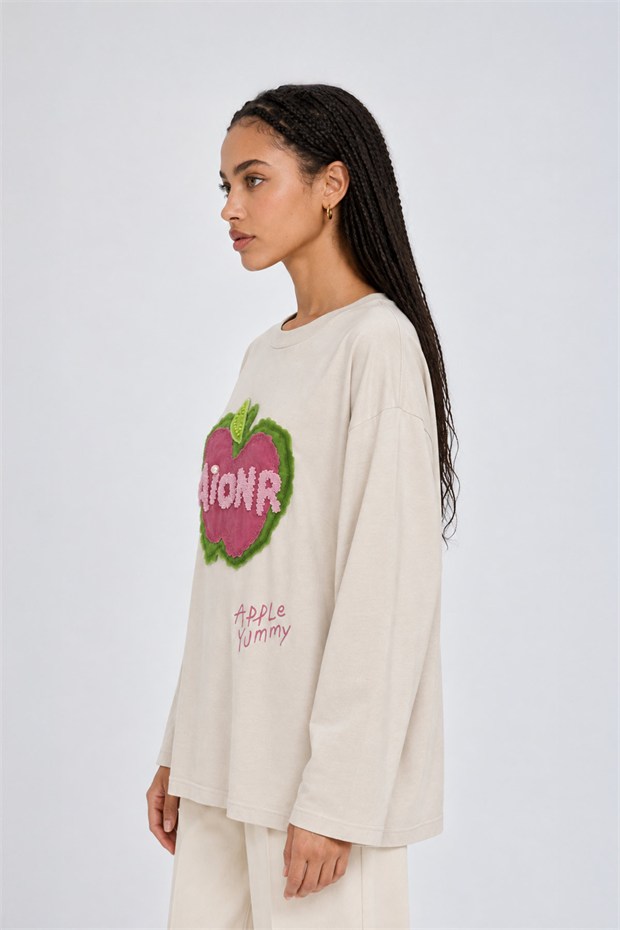 Pamuklu Yazı Detaylı Sweatshirt Bej