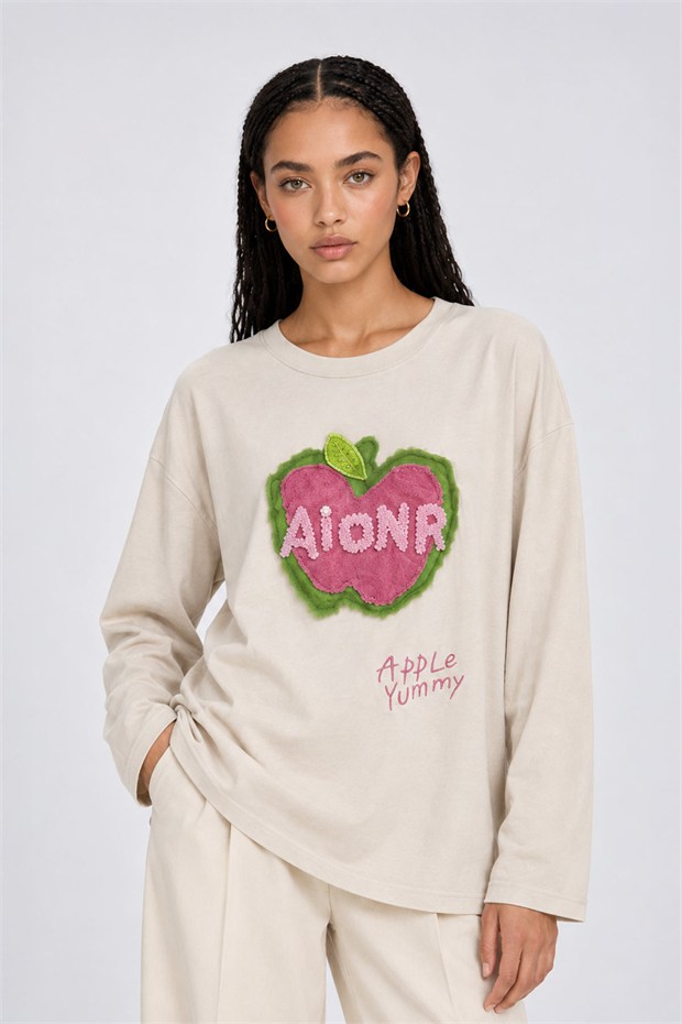 Pamuklu Yazı Detaylı Sweatshirt Bej