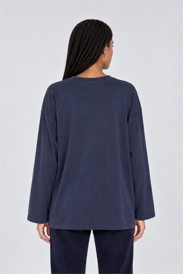Pamuklu Yazı Detaylı Sweatshirt İndigo