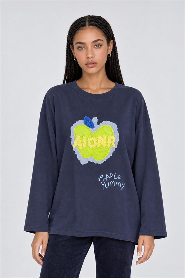 Pamuklu Yazı Detaylı Sweatshirt İndigo