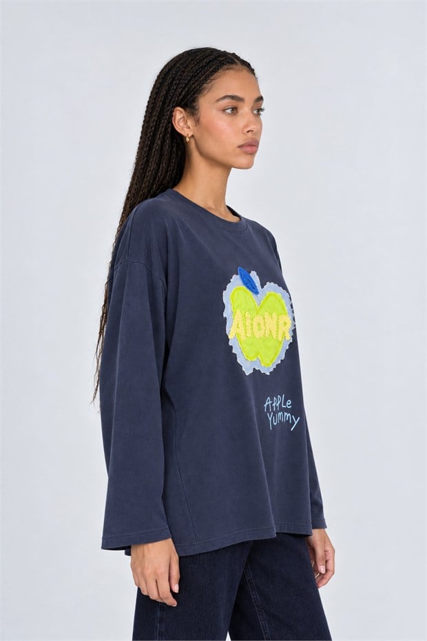 Pamuklu Yazı Detaylı Sweatshirt İndigo