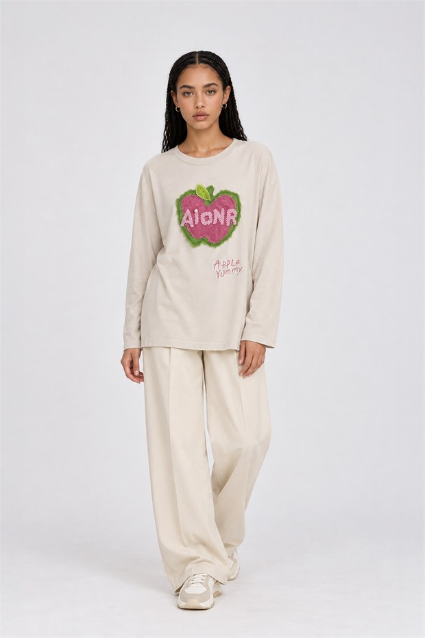 Pamuklu Yazı Detaylı Sweatshirt Bej