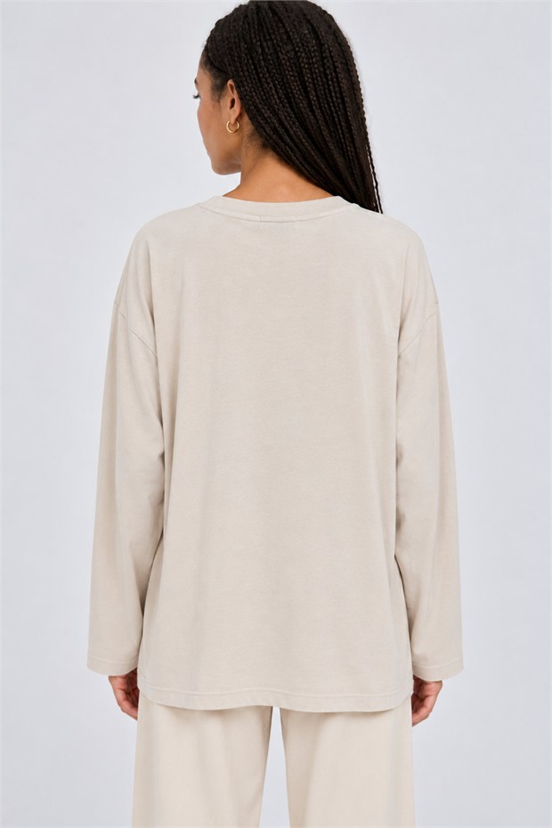 Pamuklu Yazı Detaylı Sweatshirt Bej
