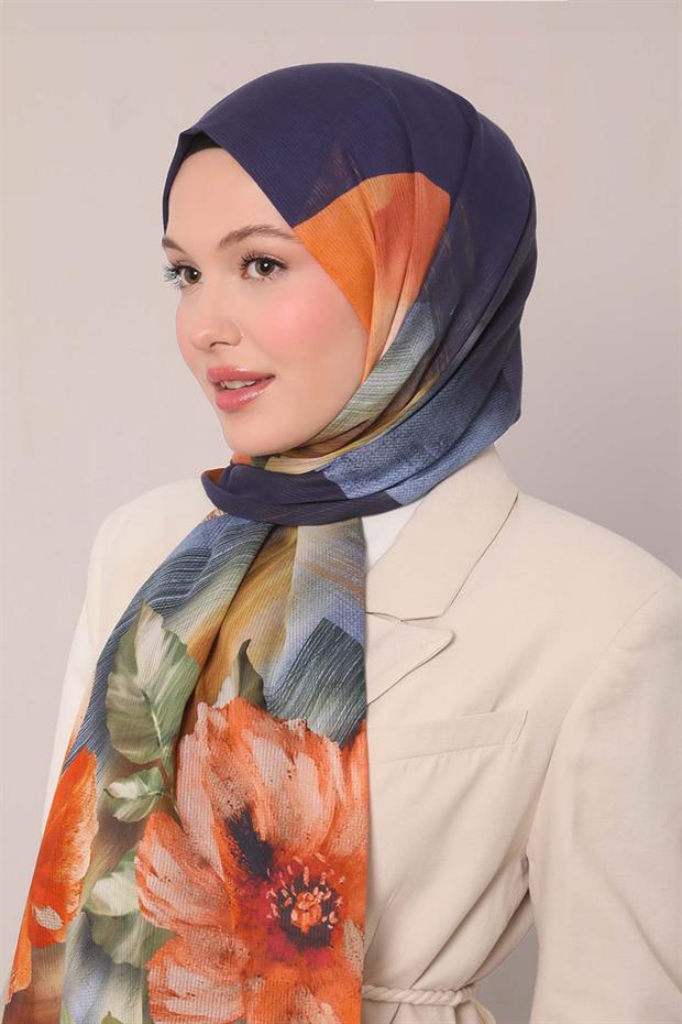 Parlament Mavisi Çiçekli Çizgili  Pamuk Şal