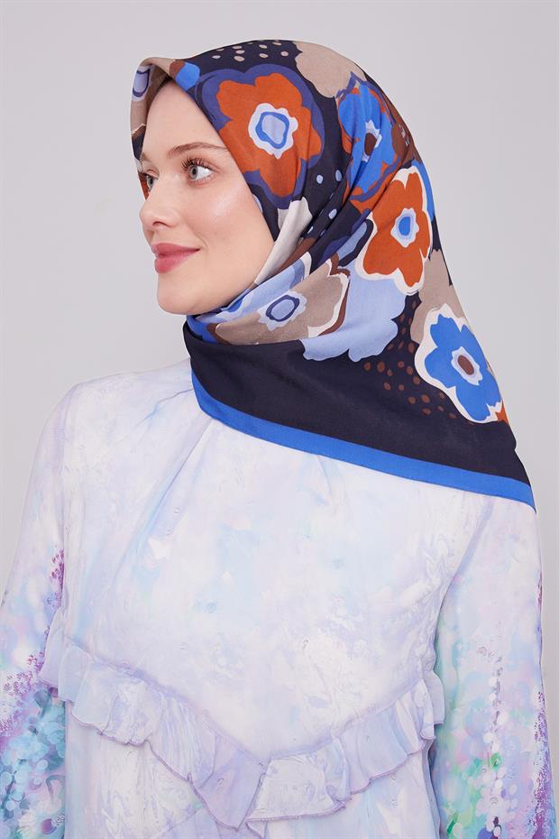 Parlament Mavisi Soyut Çiçek Desen Aura Eşarp
