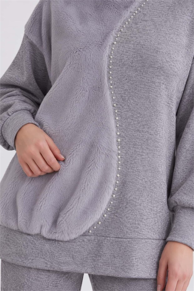 Peluş Detaylı Kaşmir İkili Takım Gri