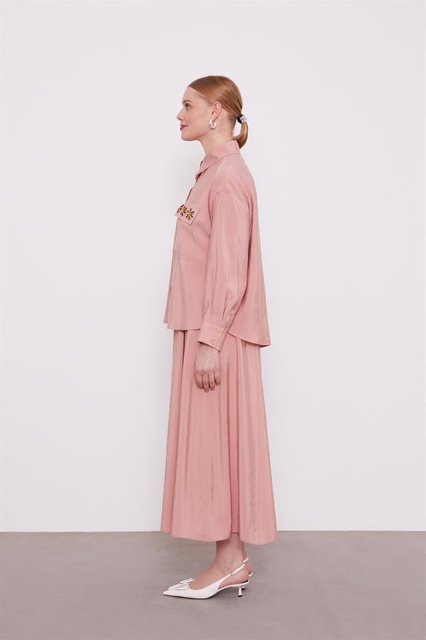 Pembe Cep Boncuk Papatya Detaylı Etek Takım