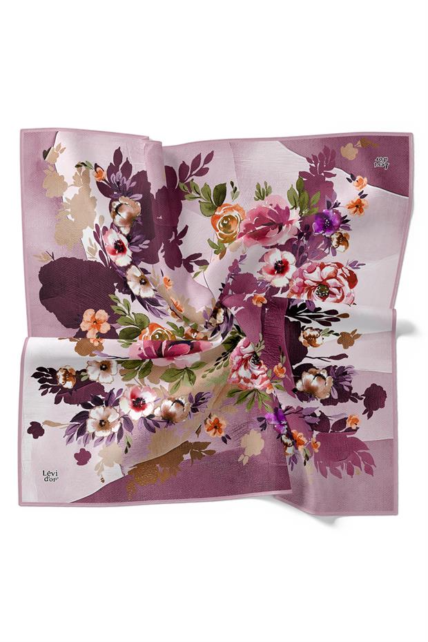Pembe Çiçek Desen Twill İpek Eşarp