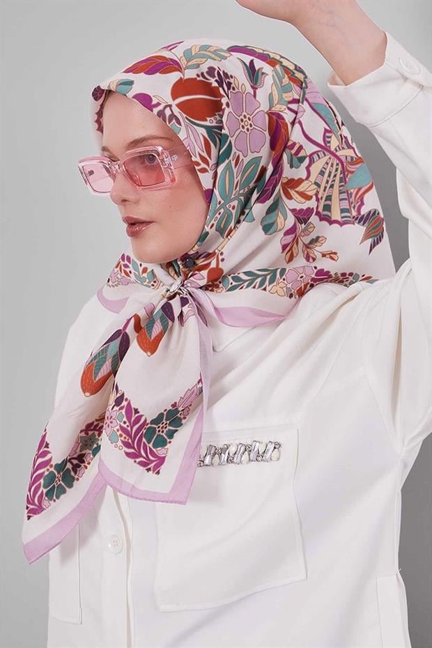Pembe Çiçek Yaprak Desen Aura Eşarp