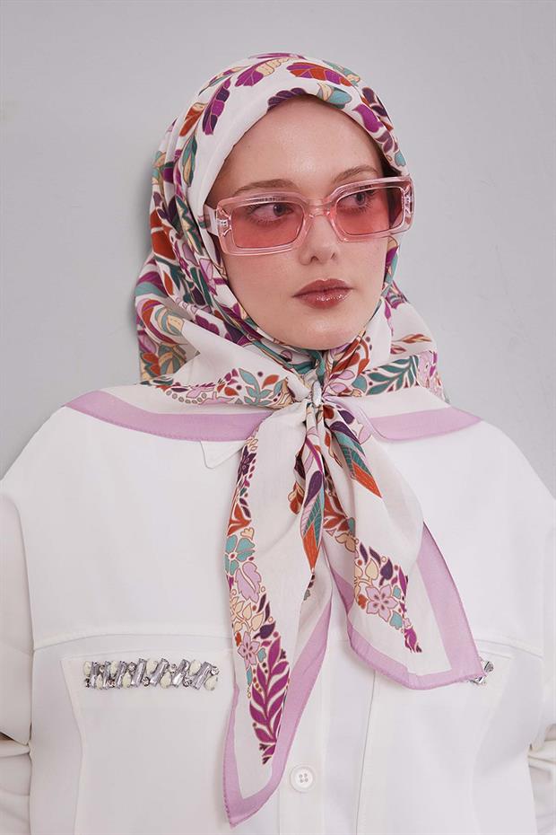 Pembe Çiçek Yaprak Desen Aura Eşarp