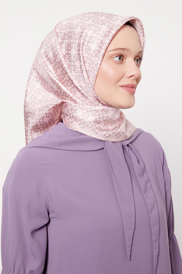 Pembe Çizgili Sarmal Desen Twill İpek Eşarp