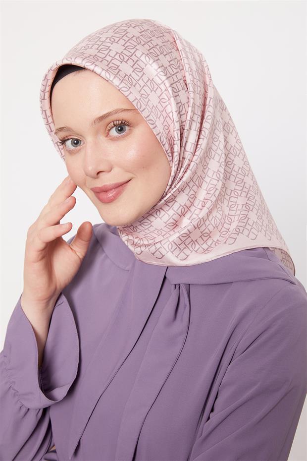 Pembe Çizgili Sarmal Desen Twill İpek Eşarp