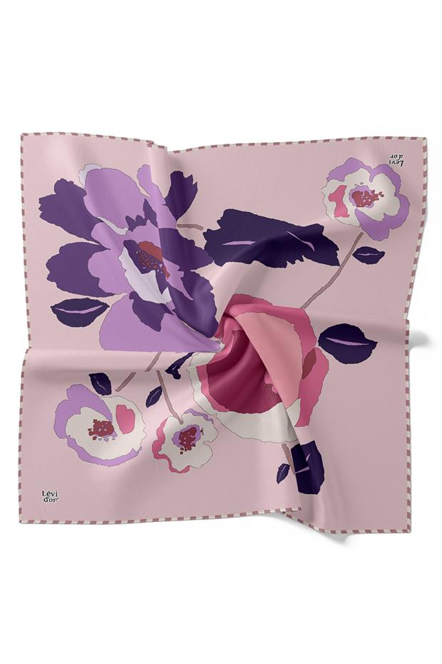 Pembe Çizim Çiçek Desen Twill İpek Eşarp