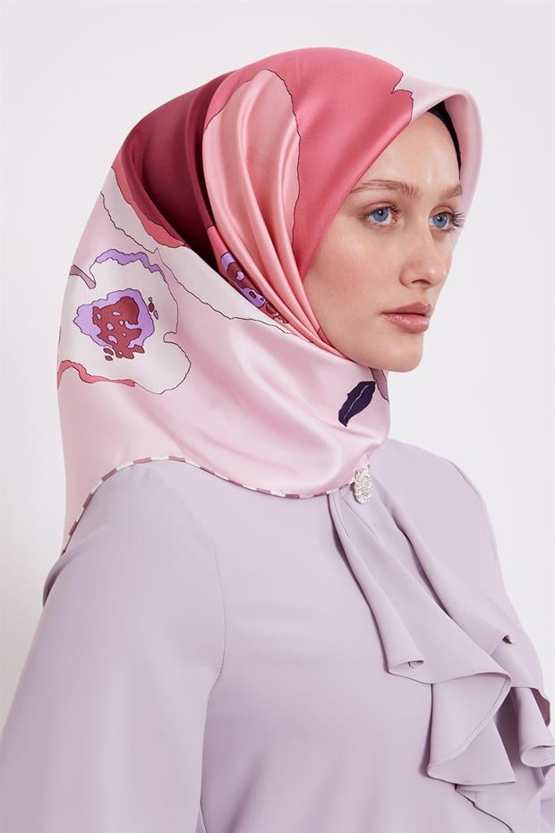 Pembe Çizim Çiçek Desen Twill İpek Eşarp