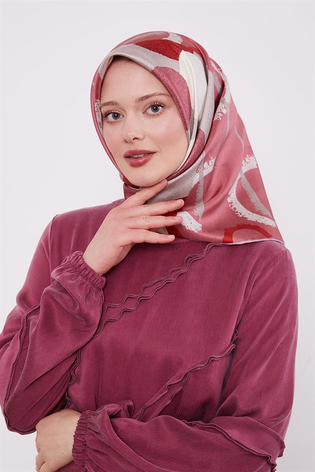 Pembe Yuvarlak Desen Twill İpek Eşarp