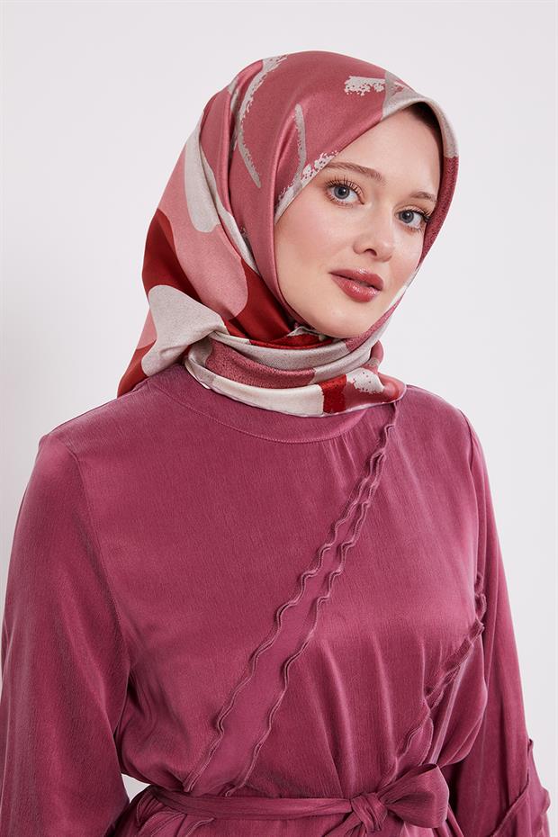 Pembe Yuvarlak Desen Twill İpek Eşarp