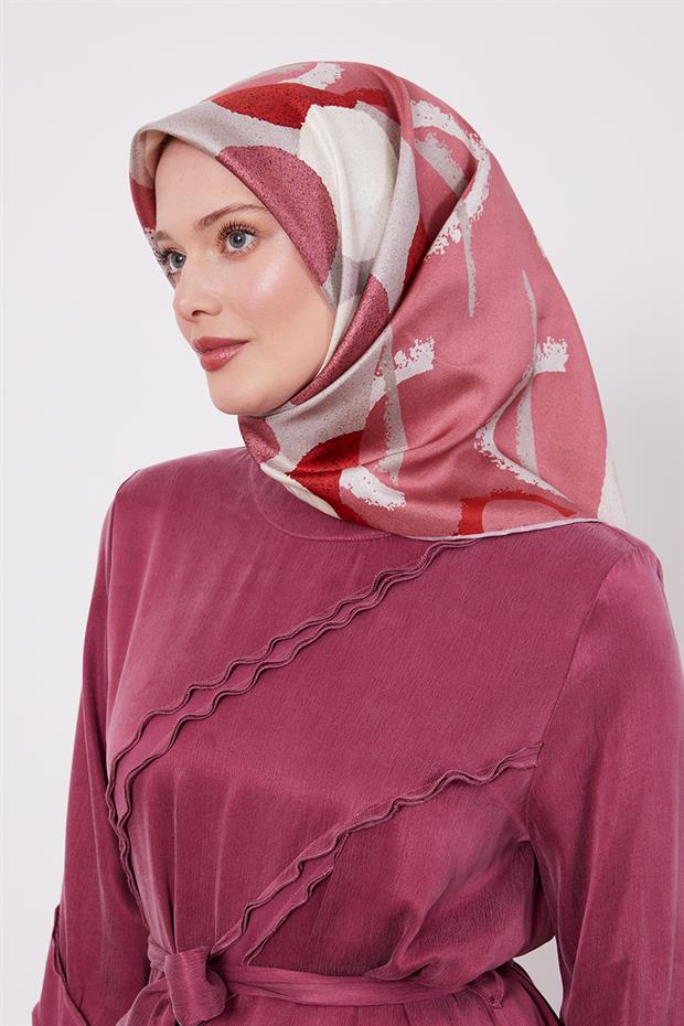 Pembe Yuvarlak Desen Twill İpek Eşarp