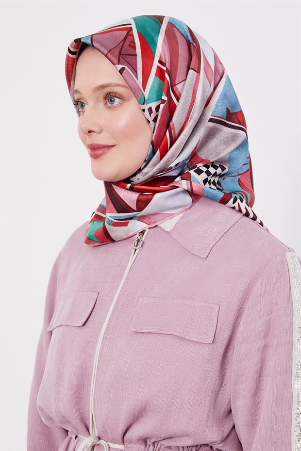 Pembe Dama Desen Twill İpek Eşarp