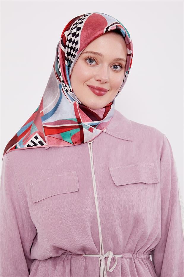 Pembe Dama Desen Twill İpek Eşarp