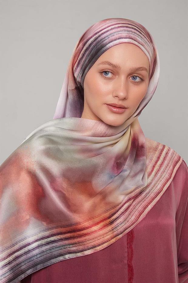 Pembe Ebruli Desen Twill Şal