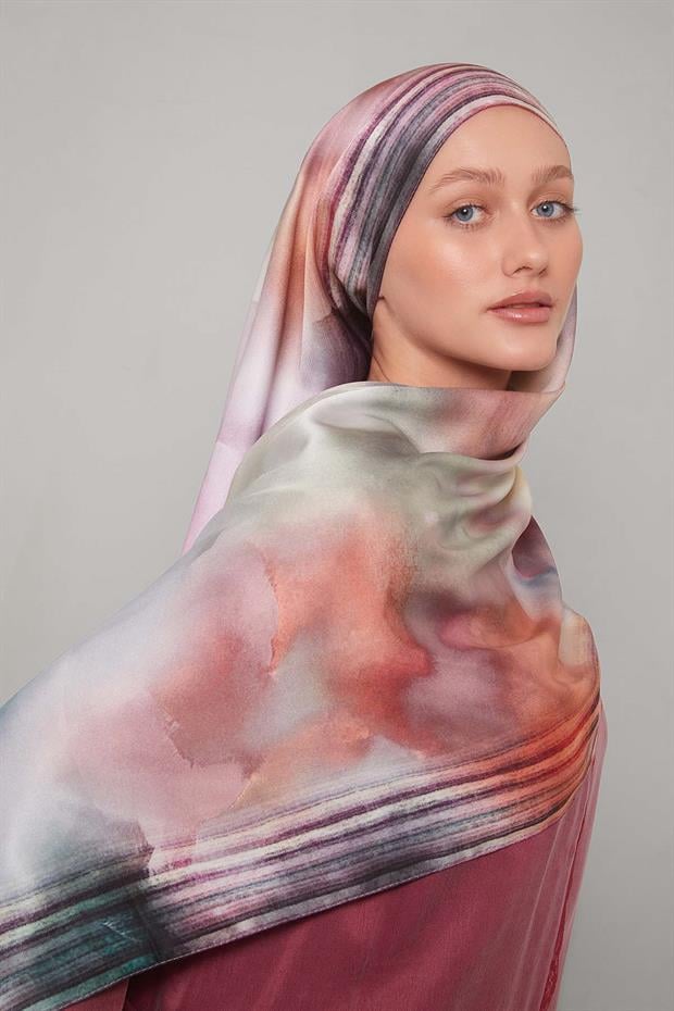 Pembe Ebruli Desen Twill Şal