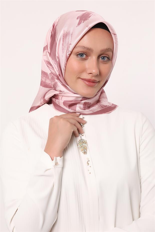 Pembe Fırça İzi Desen Twill İpek Eşarp