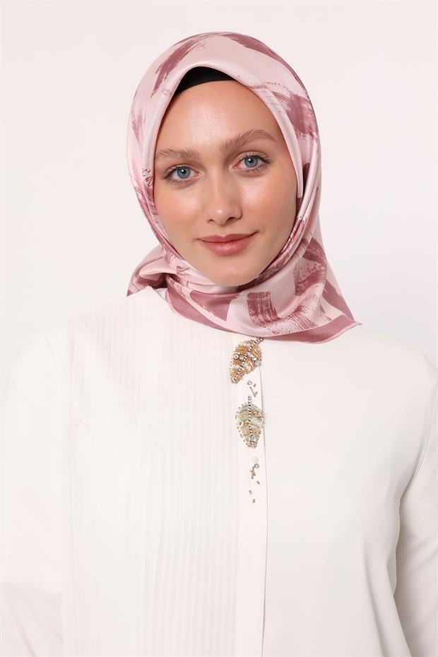 Pembe Fırça İzi Desen Twill İpek Eşarp