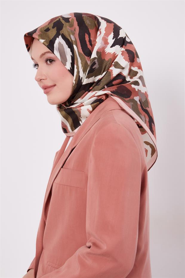 Pembe Kamuflaj Desen Twill İpek Eşarp