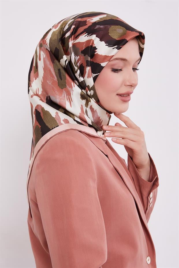 Pembe Kamuflaj Desen Twill İpek Eşarp