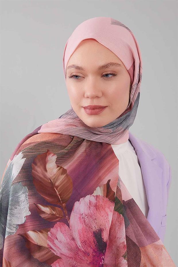 Pembe Karışık Çiçek Desen Pamuk Şal