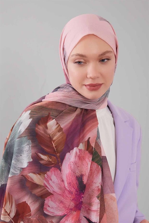 Pembe Karışık Çiçek Desen Pamuk Şal