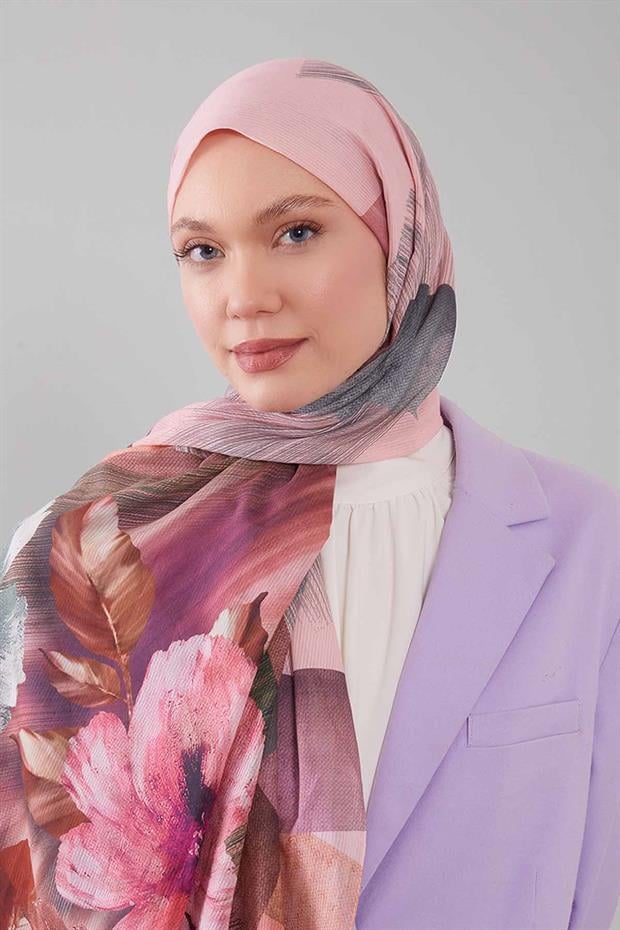 Pembe Karışık Çiçek Desen Pamuk Şal