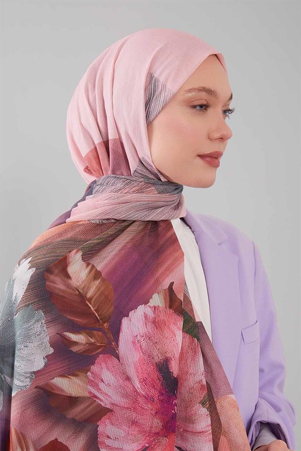 Pembe Karışık Çiçek Desen Pamuk Şal