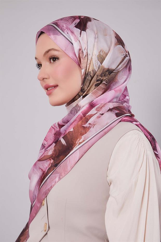 Pembe Karışık Yaprak Desen Hint İpeği Şal