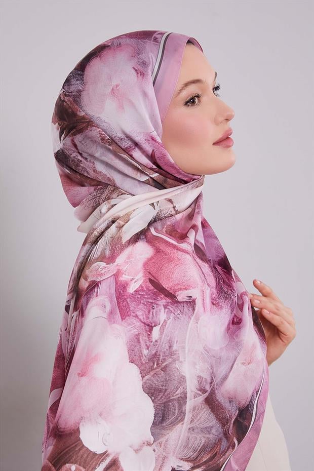 Pembe Karışık Yaprak Desen Hint İpeği Şal