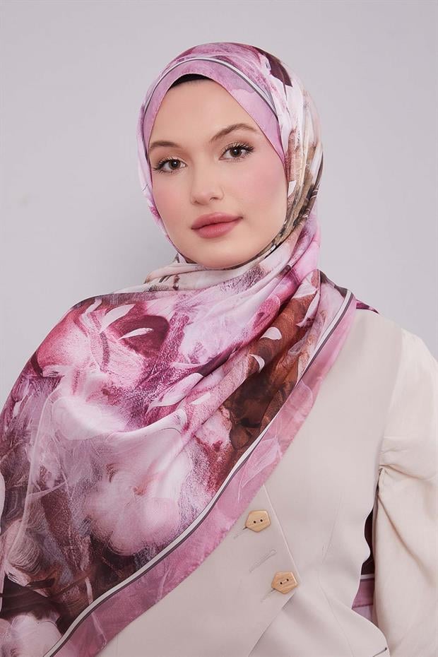 Pembe Karışık Yaprak Desen Hint İpeği Şal