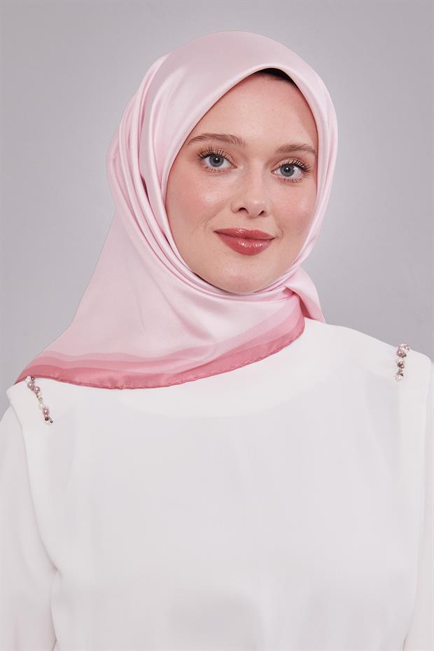 Pembe Kenar Bordürlü Twill İpek Eşarp