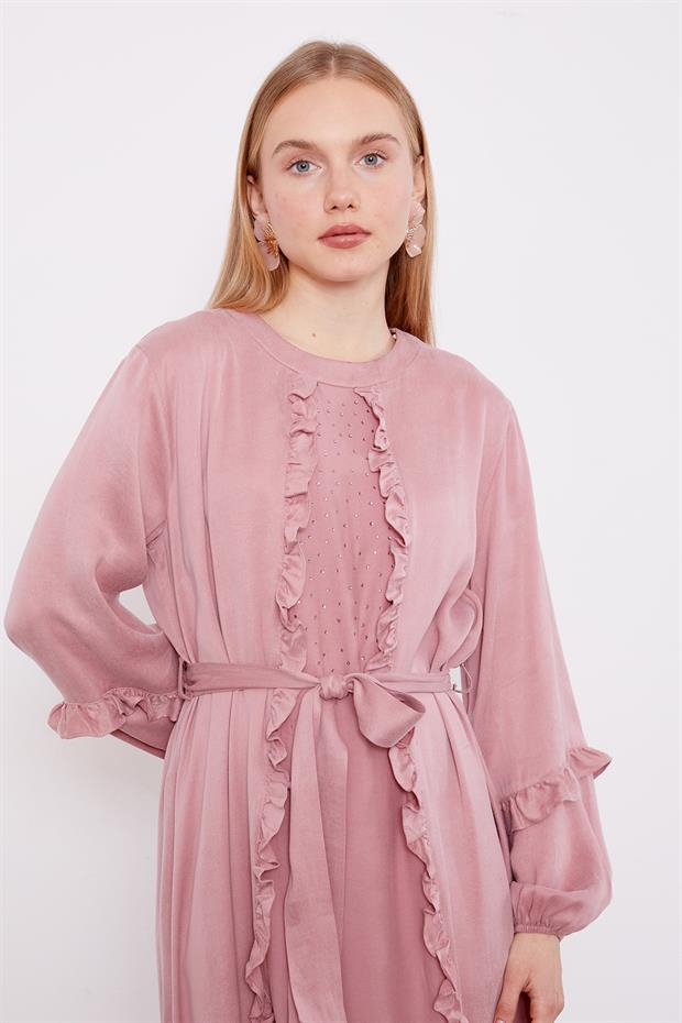 Pembe Kuşak Detaylı Cupra Elbise