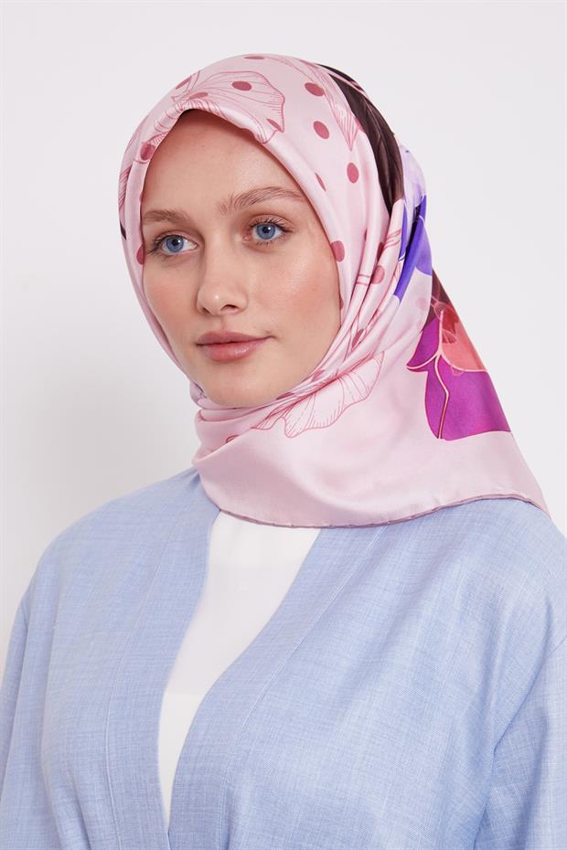 Pembe Lotus Çiçek Desen Twill İpek Eşarp