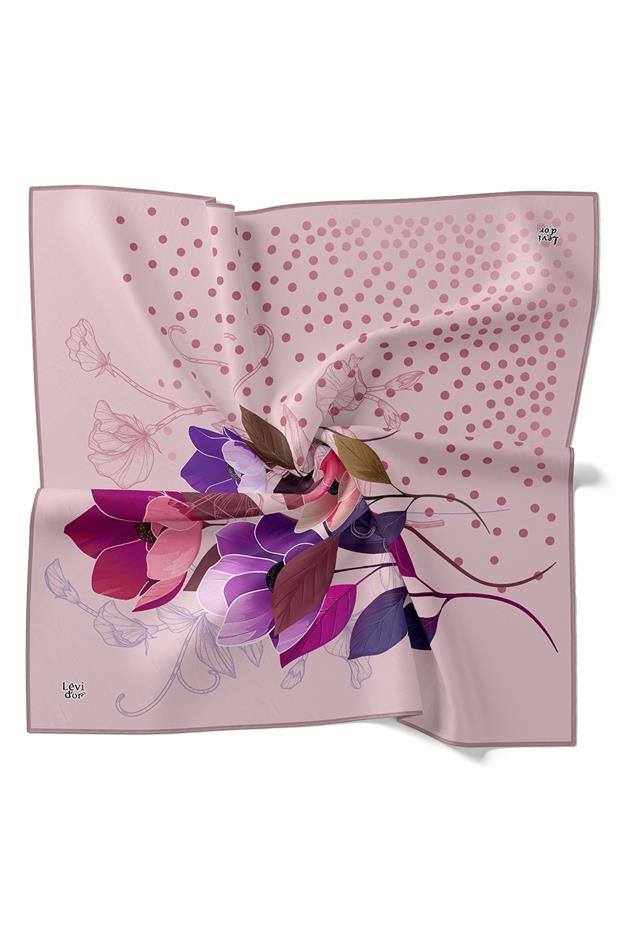 Pembe Lotus Çiçek Desen Twill İpek Eşarp