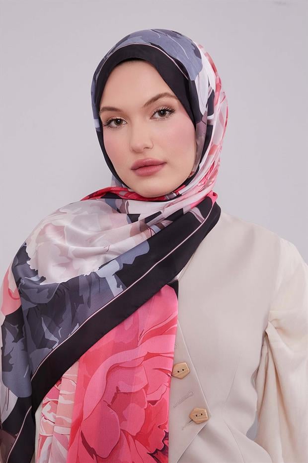 Pembe Lotus Desen Hint İpeği Şal