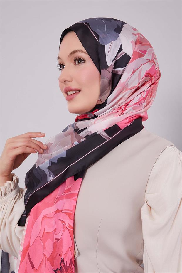 Pembe Lotus Desen Hint İpeği Şal