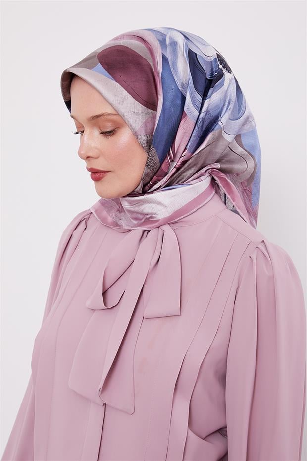 Pembe Menekşe Desen Twill İpek Eşarp