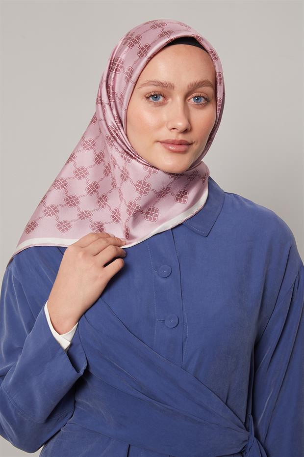 Pembe Mini Yonca Desen Twill İpek Eşarp
